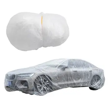 Универсальный прозрачный чехол для автомобиля с эластичной лентой PE Одноразовые принадлежности Полный автомобильный щит Водонепроницаемый Пылезащитный, устойчивый к царапинам, ветрозащитный Изображение