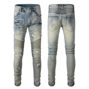 Модные уличные светло-голубые потертые джинсы для мужчин с множеством карманов, облегающие эластичные брюки с прямыми штанинами, обтягивающие леггинсы Изображение
