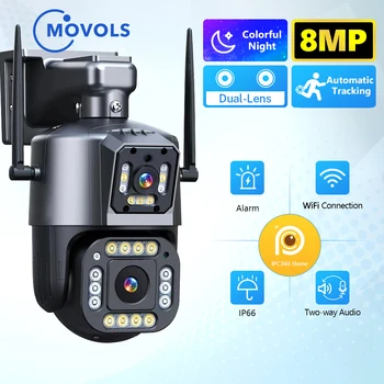 MOVOLS 8MP Двухобъективная PTZ WiFi Камера Двухстороннее Аудио IP Камера Безопасности Автоматическое Отслеживание Водонепроницаемая Камера Видеонаблюдения P2P Изображение