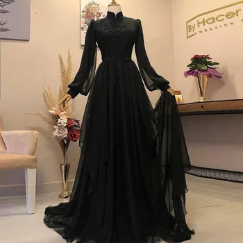Элегантные Черные Исламские Вечерние Платья Musilm Dubai Arabic С Длинным Рукавом И Высоким Вырезом Из Шифона для Выпускного вечера vestidos para mujer Изображение