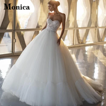 MONICA Sweetheart/ Элегантные свадебные платья из тюля, расшитые бисером, для женщин, Vestidos De Novia Brautmode, сшитые на заказ с цветочным принтом трапециевидной формы Изображение