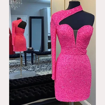 Женские вечерние платья для встречи выпускников розового цвета с блестками на одно плечо, без спинки, длиной до колен, вечернее платье для гостей Изображение