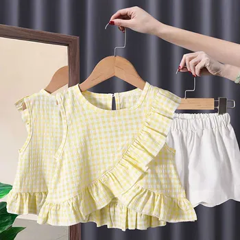 Мода 2022 года, комплекты одежды для новорожденных малышей и маленьких девочек, клетчатые ползунки без рукавов, топы + брюки, комплект одежды из 2 предметов Изображение