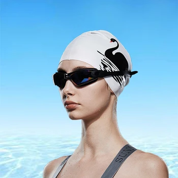 Силиконовая шапочка для плавания с принтом для взрослых, Женская Водонепроницаемая Ушная защита, Шапочка для плавания с длинными волосами, Пляжные Аксессуары для бассейна Изображение