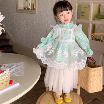 Корейское Детское Весеннее платье 2023 года Для девочек, Блузка-рубашка с Фрагментированной юбкой, платье-чехол из 3 предметов, комплект TT99602 Изображение