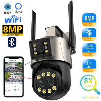 8-Мегапиксельная IP-камера 4K WiFi для улицы с тремя объективами и двумя экранами видеонаблюдения, Видеомониторинга, автоматического отслеживания, Водонепроницаемая камера Изображение