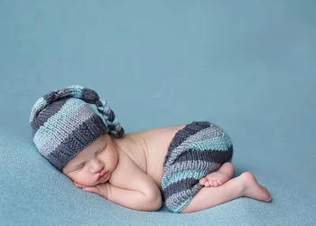 бесплатная доставка, размеры: 0-1 м, 3-4 м для маленьких мальчиков, полосатый Эльф, шляпа с длинным хвостом и штаны, комплект детской одежды, реквизит для фотосъемки новорожденных Изображение