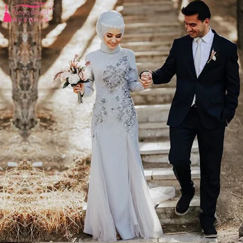 Серебряные мусульманские свадебные платья С длинным рукавом 3D Цветы Элегантные Свадебные платья Кафтан Abiti Da Sposa уникальное Платье для помолвки ZW338 Изображение