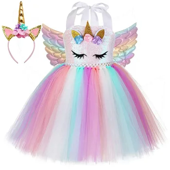Платье с единорогом в пастельных тонах с блестками для девочек, с крыльями, повязка на голову, наряд для малышей, костюмы единорогов для девочек на Хэллоуин, платья на день рождения Изображение