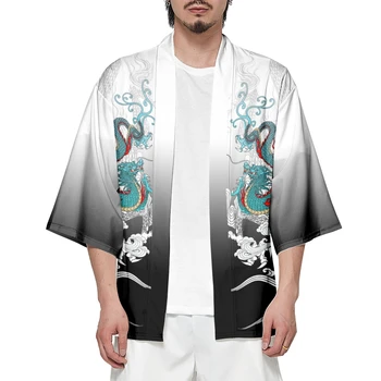 Кимоно Женщины Мужчины Юката Хаори Японский Кардиган С Принтом Дракона Пальто Традиционная Одежда Изображение
