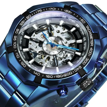 Мужские спортивные часы Forsining, модные темно-синие автоматические механические часы с прозрачным скелетоном, синий ремешок из нержавеющей стали, светящийся Изображение