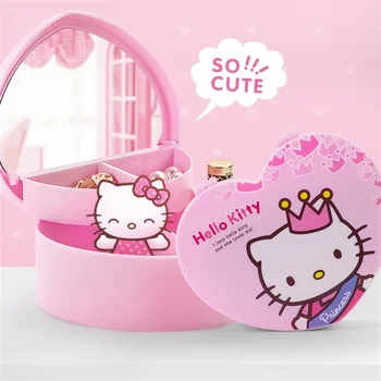 Sanrio hello kitty милая коробка для хранения мультяшных украшений в форме любви коробка для хранения ювелирных изделий зеркало для макияжа детский подарок Изображение
