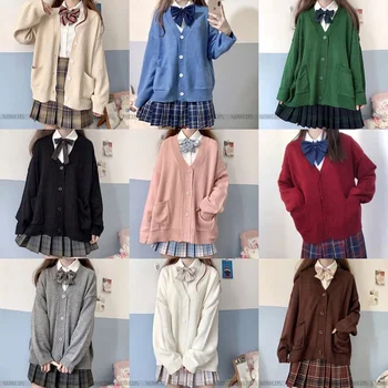 Японский школьный свитер, весна-осень, 100% Хлопковый вязаный свитер с V-образным вырезом, униформа JK, Кардиган, Многоцветный косплей студенток Изображение