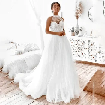 Сенсационное свадебное платье с аппликацией, короткий вырез, женское гламурное свадебное платье с открытой спиной и шлейфом. Изображение