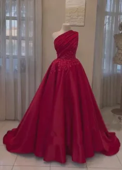 Платье со шлейфом без рукавов на одно плечо, Бордовое бальное платье, Атласная аппликация из бисера, свадебное платье Изображение