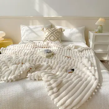 Новое полосатое одеяло с имитацией шерсти ягненка из шерсти кролика Изображение