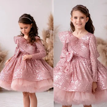 Прекрасное бальное платье с блестками из розового золота, платья для девочек-цветочниц на свадьбу, платья принцессы длиной до колен для Первого причастия. Изображение