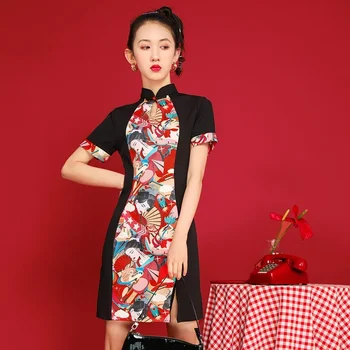 Летнее Китайское Традиционное платье 2020 с Модным принтом, Современное Восточное платье Lady Vintage Cheongsam Mini Stretch Qipao 10235 Изображение