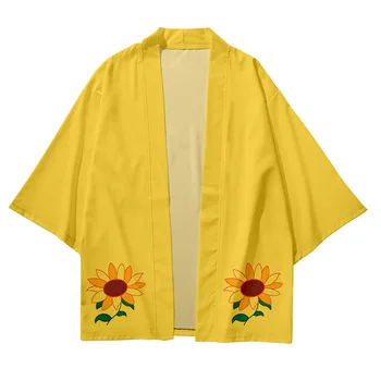 Традиционный комплект кимоно и шорт для мужчин и женщин Кардиган Юката косплей Хаори Японские Желтые рубашки с цветочным принтом Летняя одежда Изображение
