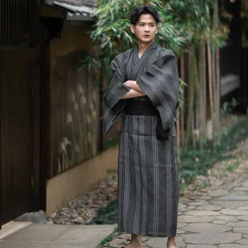 Традиционное японское кимоно с Оби, свободный мужской купальный халат и пояс, Самурайское кимоно, домашняя одежда, Юката, мужские халаты для отдыха, халат Изображение