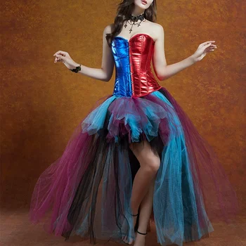 Корсетное платье для женщин, Сексуальный наряд танцовщицы, Гламурный Викторианский Корсет, Бюстье, Сетчатая юбка, Бурлескный костюм, Плюс Размер, Синий, красный Изображение