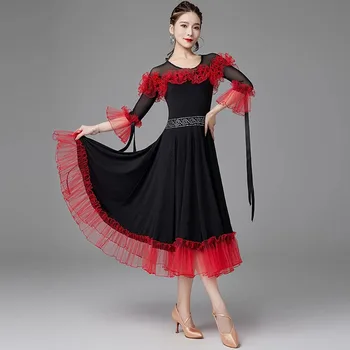 Дизайн линии пряжи Lotus с коротким рукавом, женское платье для латиноамериканских танцев, костюм для бальных танцев NY66 AS7161 Изображение