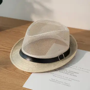 Шляпа с дышащей сеткой Дышащая мужская полая сетчатая шляпа с широкими полями, украшенная поясом, Стильная защита от солнца для удобной джазовой шляпы Изображение