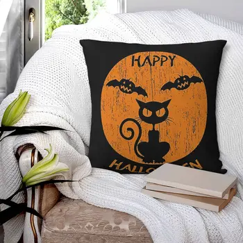 Квадратная наволочка Happy Halloween Cat Наволочка из Полиэстера на молнии Декоративная комфортная подушка для домашнего дивана Изображение