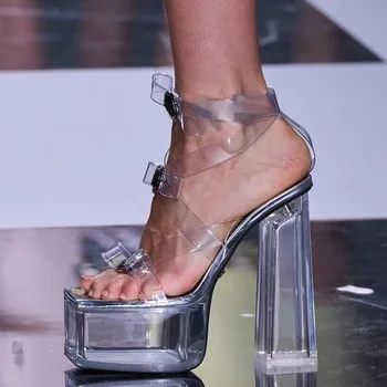 2024 Новые модные прозрачные босоножки с пряжкой и бантом, женская прозрачная обувь на платформе, сексуальный квадратный носок для танцев на шесте, массивные высокие каблуки Изображение