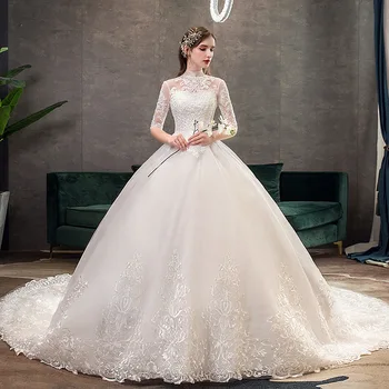 Свадебное платье 2022 Элегантное платье с высоким вырезом и коротким рукавом Vestido De Noiva, Винтажное Кружевное платье с вышивкой в виде сердца, свадебное платье невесты Изображение