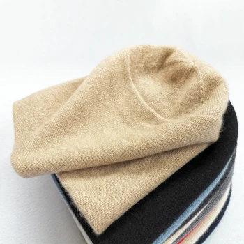 Шапка из чистого кашемира мужская женская осенне-зимняя универсальная вязаная шапка с защитой ушей повседневная толстая двухслойная теплая шерсть Изображение