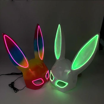 Светящаяся светодиодная маска кролика с длинными ушами, 10 цветов, сексуальный головной убор с кроликом, неоновая маска для вечеринки, светящаяся в темную ночь для декора Хэллоуина Изображение