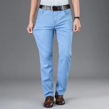 Летние мужские светло-голубые тонкие джинсы из модальной ткани, высококачественные деловые Повседневные джинсовые брюки-стрейч, мужские брендовые брюки Темно-серого цвета Изображение