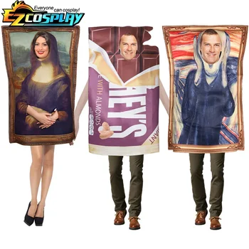 Pakaian pasangan lucu dewasa gaun karnaval Halloween Jumpsuit spons makanan ringan kostum mentega kacang coklat Monalisa Mural Изображение