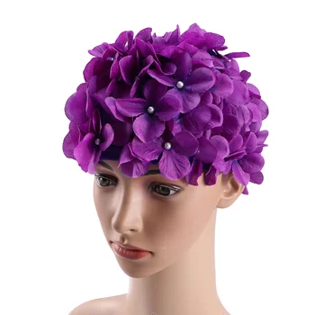 Женская шапочка для купания с цветочным лепестком, цветочная шапочка для купания, моющаяся шапочка для купания на длинные / короткие волосы (фиолетовый) Изображение