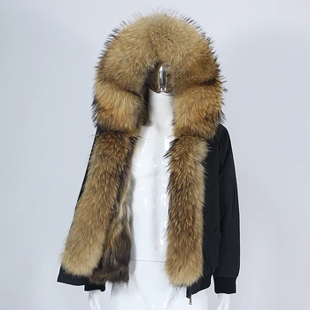 OFTBUY 2022 мужская куртка-бомбер водонепроницаемая зимняя куртка из натурального меха енота и лисы, пальто с воротником и капюшоном, толстая теплая уличная парка Изображение