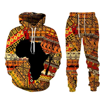 Мужской комплект толстовок с 3D-печатью, мужская женская толстовка + брюки, свободная толстовка с длинными рукавами из двух частей, одежда в африканском этническом стиле Изображение