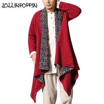 Двусторонняя мужская льняная куртка с принтом, Открытая планка, шарф, воротник из льна и хлопка, богемное пальто в китайском стиле, Асимметричный низ Изображение