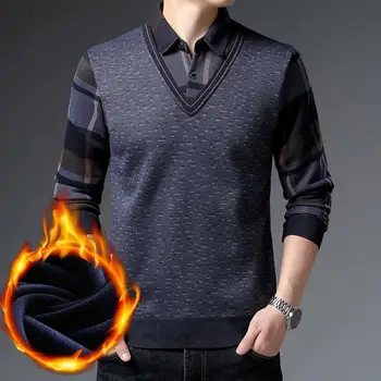 Легкий свитер, мужская деловая рубашка, стильная мужская рубашка для отца среднего возраста, вязаный свитер в клетку с принтом для зимы/осени Изображение