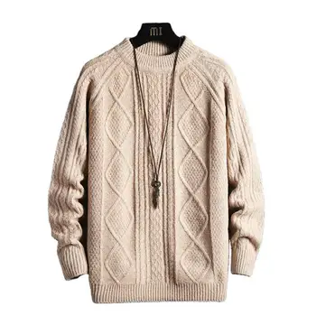 Свитер с круглым вырезом, мужской толстый зимний вязаный свитер в стиле японского ретро, удобный и повседневный Изображение