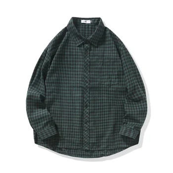 Осень 2023, Новый тренд, повседневная мужская винтажная рубашка в клетку с длинным рукавом и заостренным вырезом большого размера, пальто Изображение