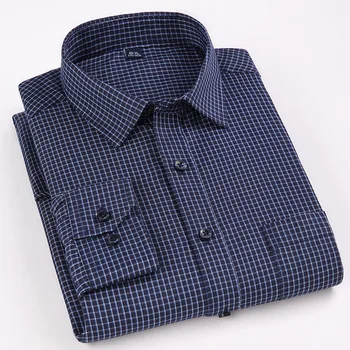 Мужская классическая офисная рубашка в клетку с длинным рукавом в полоску стандартного кроя, с одним накладным карманом, официальные деловые базовые рубашки Изображение