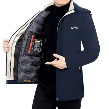 Ветрозащитная куртка-парка с капюшоном, мужская Ветровка, пуховик, Зимняя Мужская одежда, теплый Новый дизайнерский бренд, Повседневная мода Изображение