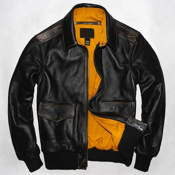 Мужская куртка из натуральной кожи, куртки военных пилотов, куртка Air Force Flight A2, черная коричневая куртка из 100% телячьей кожи, одежда из воловьей кожи Изображение