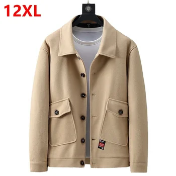 Плюс Размер, Мужское Осенне-зимнее Шерстяное Пальто, Очень большая твидовая куртка, Свободное Повседневное Теплое Пальто С карманом, Однотонная Ветровка 11XL 12xl Изображение
