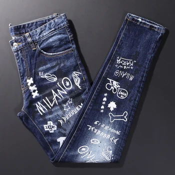 Ретро Синие Стрейчевые Облегающие Рваные джинсы с принтом, мужские Брюки в стиле панк, Брендовые дизайнерские брюки в стиле хип-хоп, мужские джинсы уличной моды Hombre Изображение