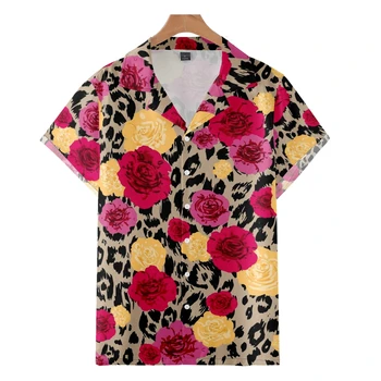 Мужская модная рубашка в кубинском стиле с розовым леопардовым принтом, повседневная уличная одежда Cozy Tidal Current, пляжная одежда большого размера с коротким рукавом Изображение