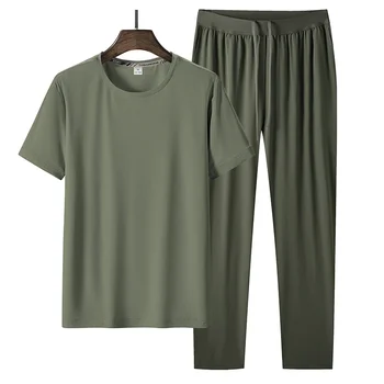 Плюс 6XL-M, новые модные мужские костюмы, одежда для тренировок в тренажерном зале, спортивный комплект для бега трусцой, спортивный костюм для бега, футболка и брюки, 2 шт. Изображение