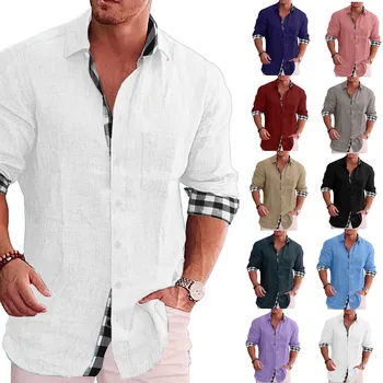 Мужская клетчатая блузка, Летняя Мужская рубашка свободного кроя с отложным воротником и длинным рукавом из 100% полиэстера, Топы Оверсайз S-5XL Изображение