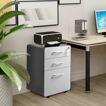 Офисный шкаф, Передвижной Картотечный шкаф, 3 Запирающихся ящика, 4 Поворотных ролика на 360 °, Офисный Картотечный шкаф на колесиках, Серый + белый Изображение